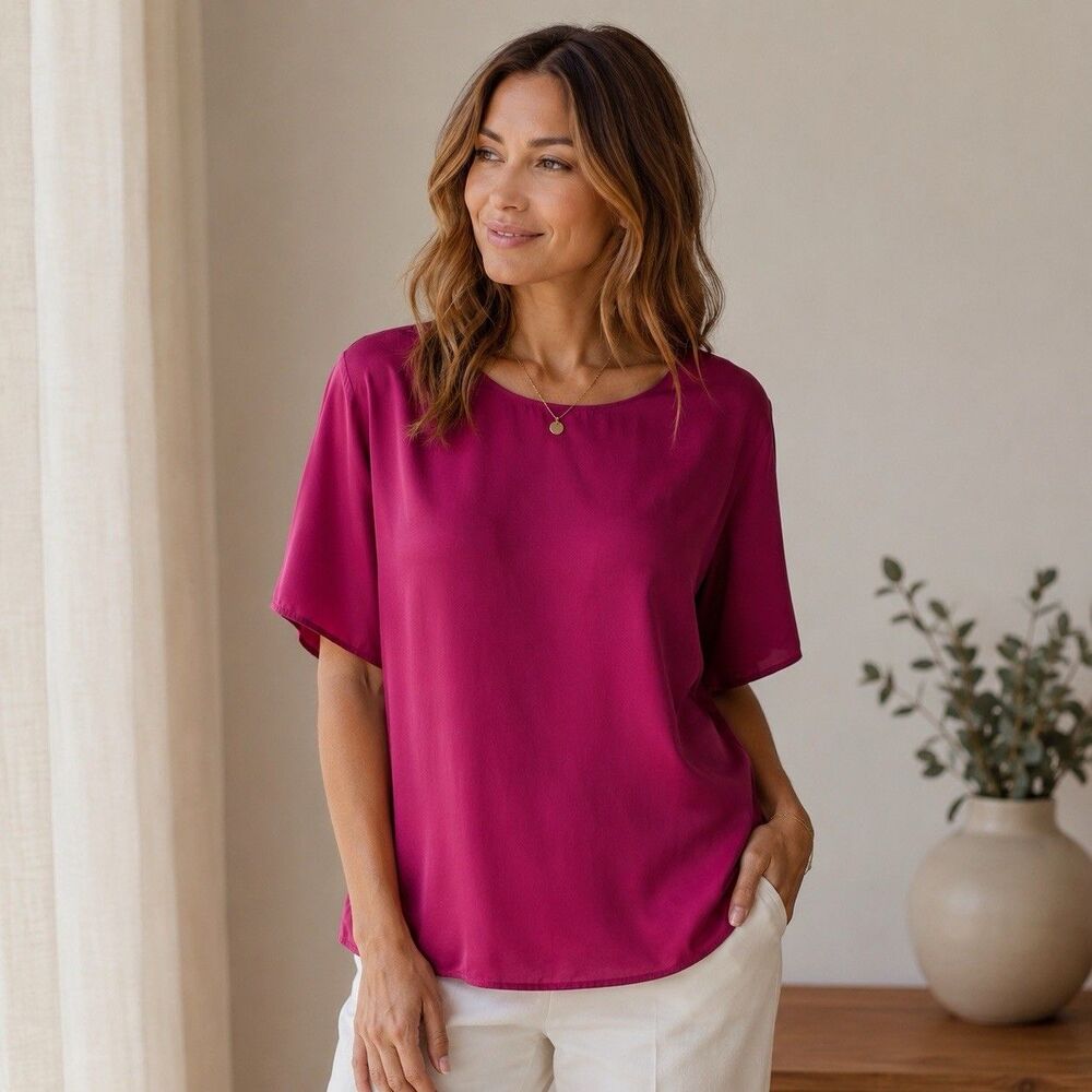 Lord & Taylor Womens Pink 100% Silk Short Sleeve Blouse Sz 16 Vtg Minimalist
